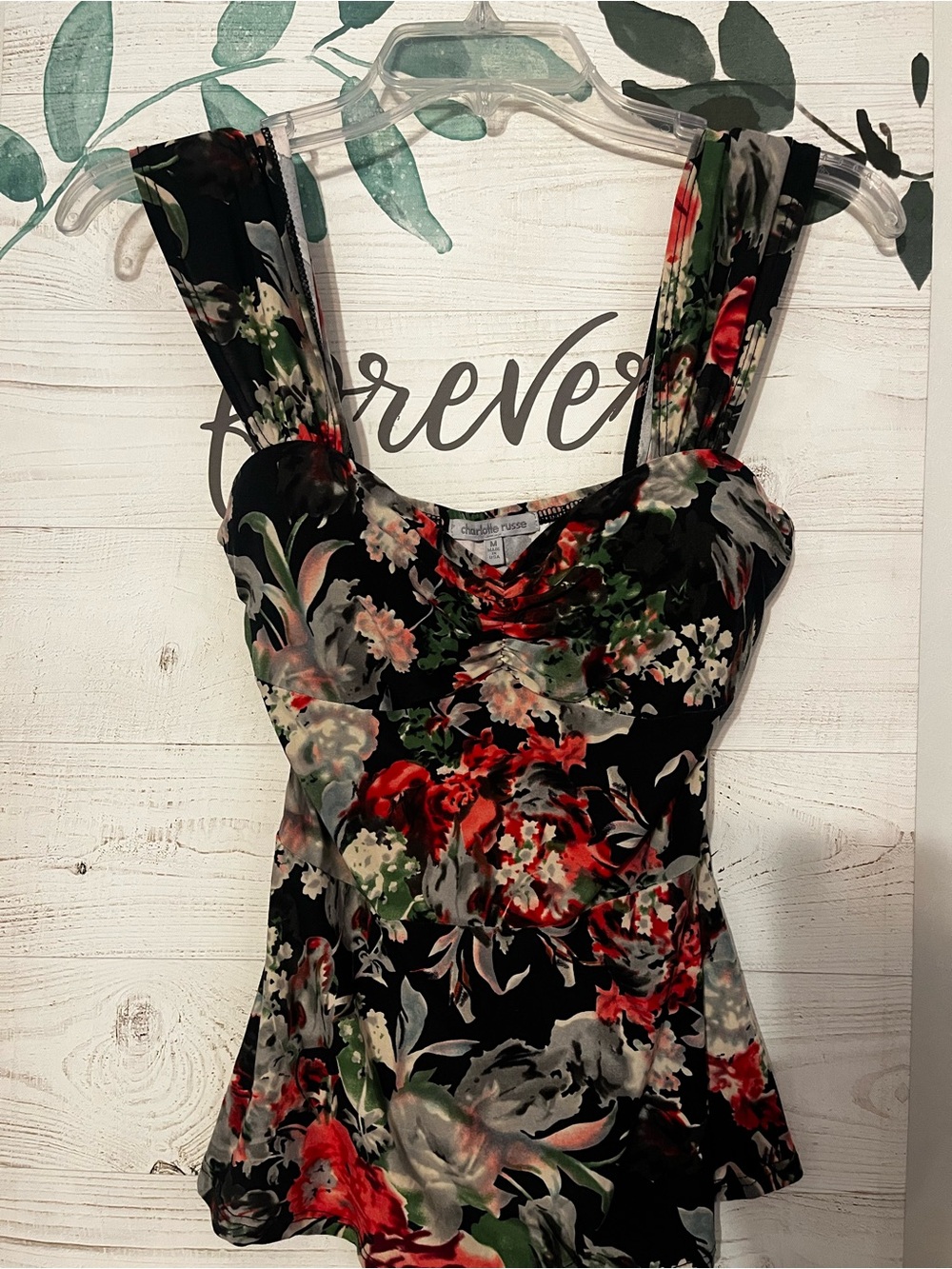 Charlotte Russe Black Floral Cami with Red and Green Accents